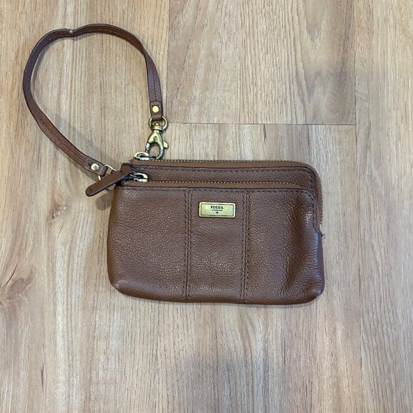 Fossil Brown Cow Leather Double-Zip Wallet with Strap — Excellent Condition - Picture 1 of 6